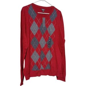 Apt. 9 Men's XL Sweater Dogwood Red Gray Argyle V Neck Long Sleeve Wool Shirt